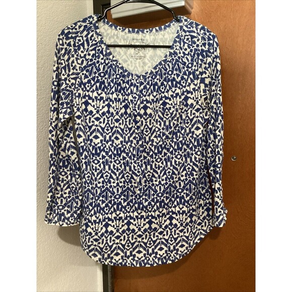 Sonoma Life Style Women’s Blue White Pocket Henley Top Small New Without Tags - Picture 1 of 4